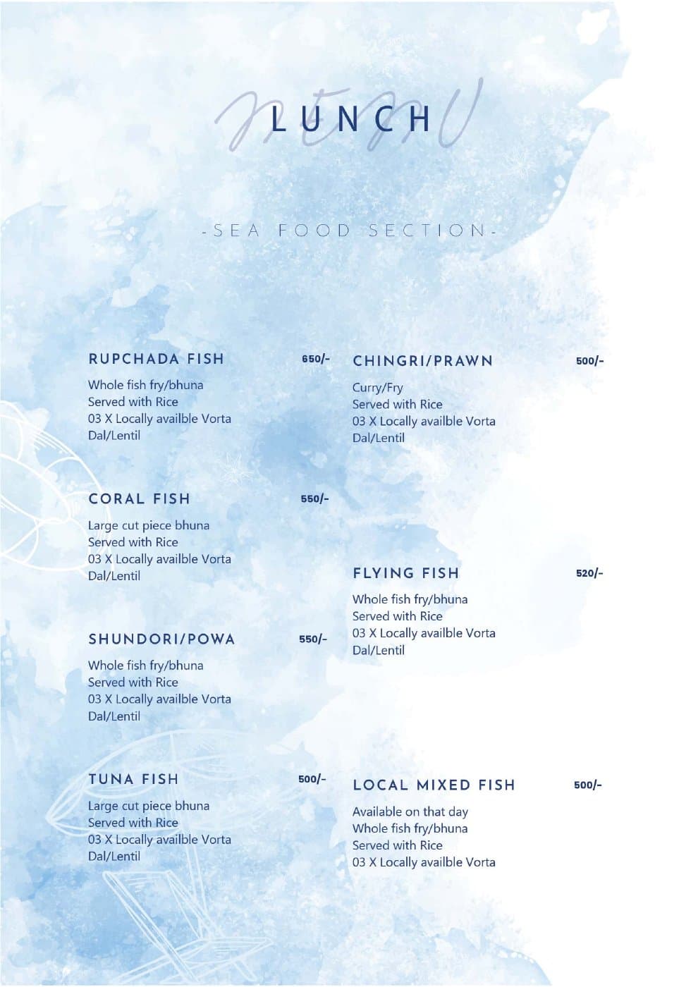 Elysium Retreat restaurant menu: Lunch — seafood