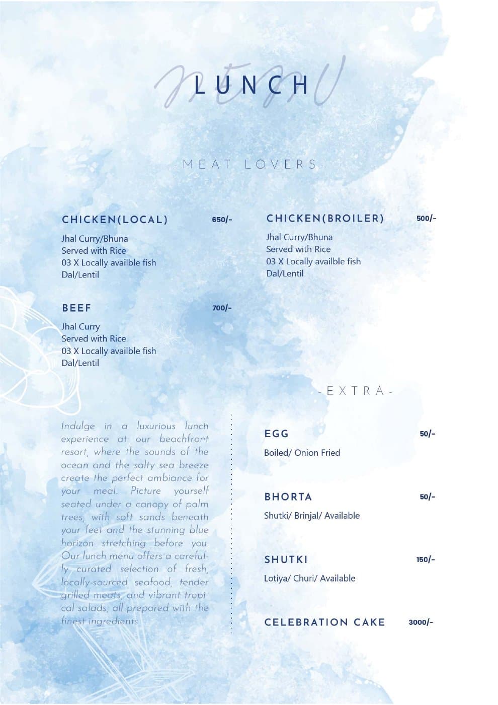 Elysium Retreat restaurant menu: Lunch — meat and extras