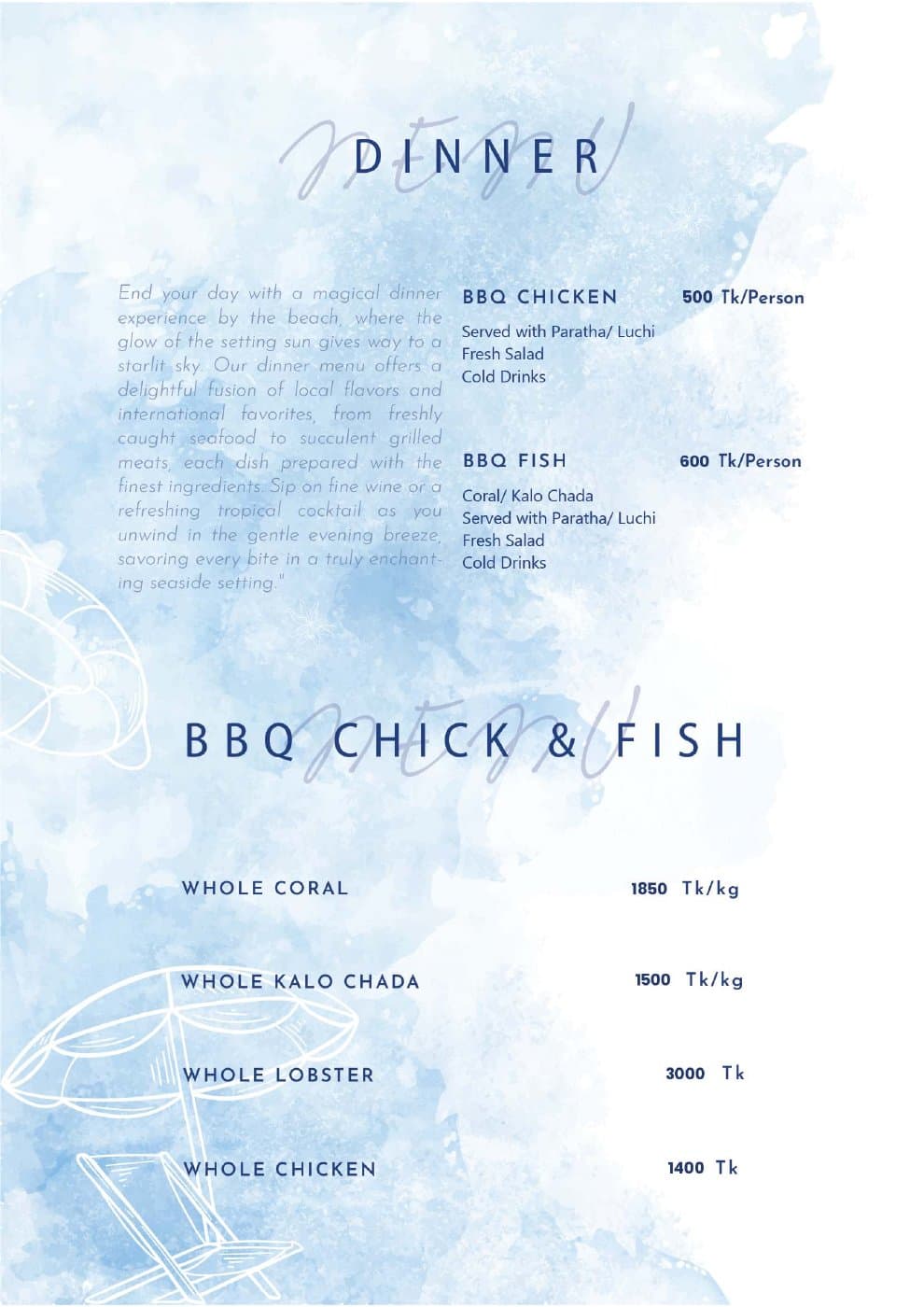 Elysium Retreat restaurant menu: Dinner and barbecue