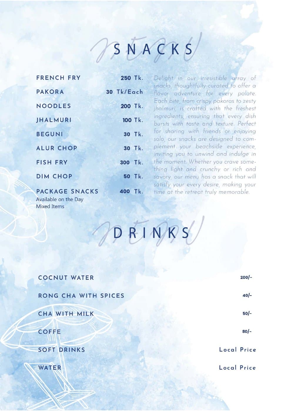 Elysium Retreat restaurant menu: Snacks and drinks